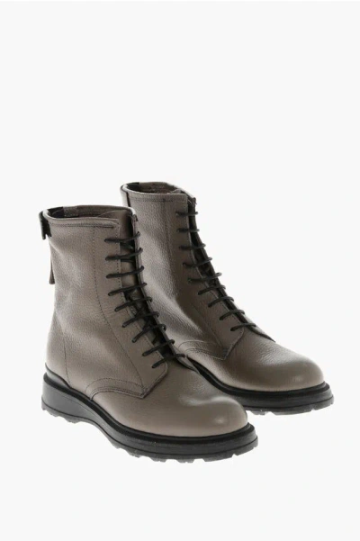 Woolrich Textured Letaher Combat Boots With Contrasting Sole