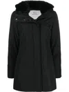 Woolrich Thigh-length Black Coat With Classic Hood And Logo Patch In Black