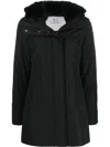 Woolrich Thigh-length Black Coat With Classic Hood And Logo Patch In Black