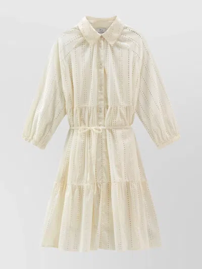 Woolrich Tiered Skirt Cotton Shirt Dress With Puff Sleeves In White