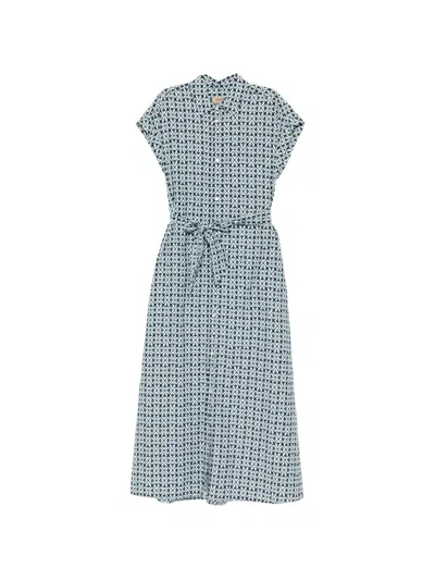 Woolrich Tie-waist Patterned Midi Dress In Blue