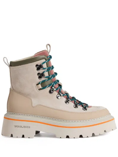 Woolrich Ankle-length Lace-up Leather Boots For Women In Beige
