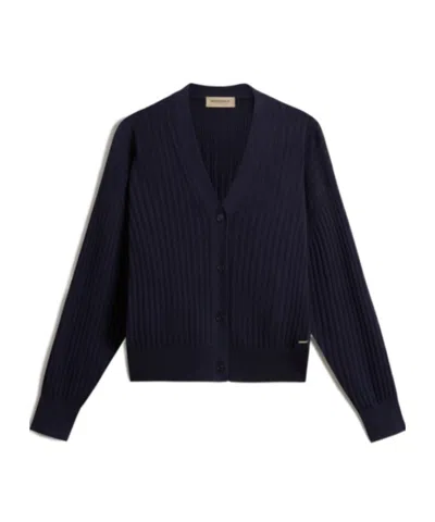 Woolrich V-neck Ribbed Cardigan In Blue