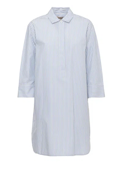 Woolrich Vertical Striped Cotton Dress With Classic Collar And Buttoned Cuffs In White