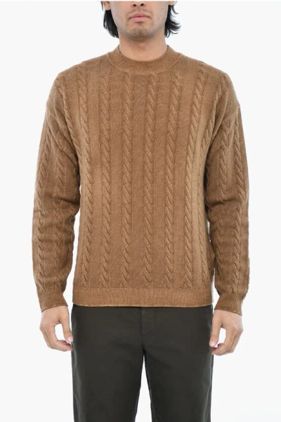 Woolrich Virgin Wool Aran Motif Crew-neck Sweater In Brown