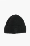 Woolrich Virgin Wool Beanie With Front Logo Patch In Black