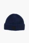 Woolrich Virgin Wool Beanie With Front Logo Patch In Blue