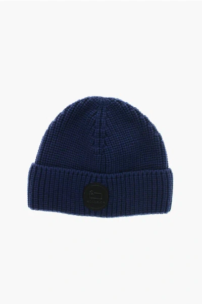 Woolrich Virgin Wool Beanie With Front Logo Patch In Blue