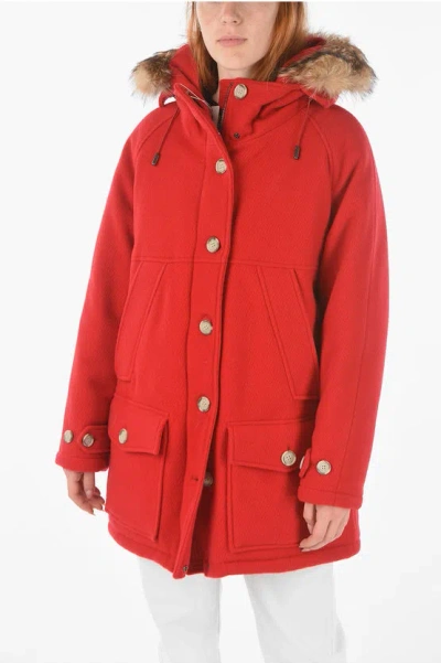 Woolrich Virgin Wool Blend Tundra Down Jacket With Real Fur Detail In Red