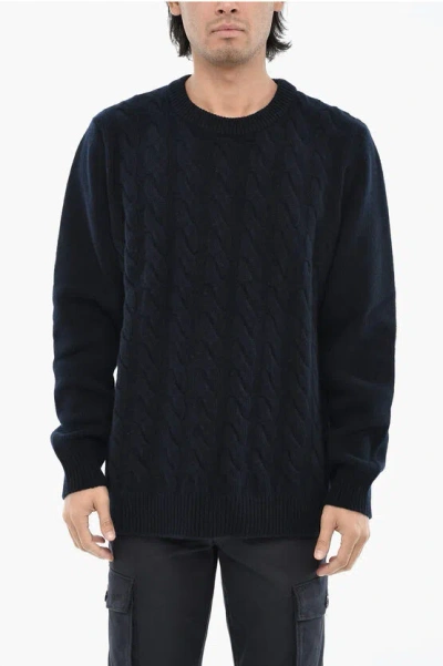 Woolrich Virgin Wool Cable Knit Crew-neck Sweater In Blue