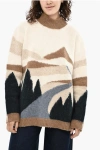 Woolrich Virgin Wool Embroidered Landscape Turtleneck Sweater In Neutral