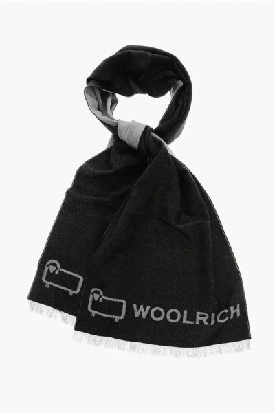 Woolrich Virgin Wool Scarf With Jacquard Logo In Black