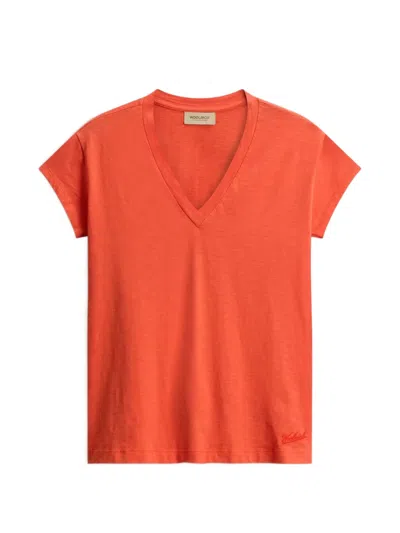 Woolrich V-neck Logo-embroidered T-shirt In Orange