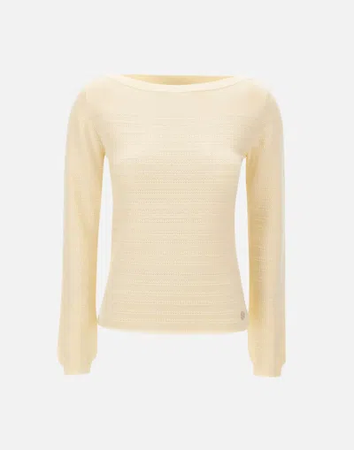 Woolrich Pure Cotton Cream Knit Jumper With Woven Thread Detail In White