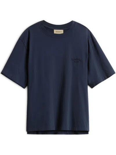 Woolrich Crew Neck Monochrome Cotton T-shirt In Blue