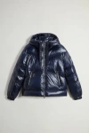 Woolrich Short Puffer Jacket With Hood And Drawstrings In Melton Blue