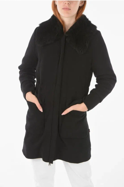 Woolrich Wool Blend Coat With Real Fur Detail In Black
