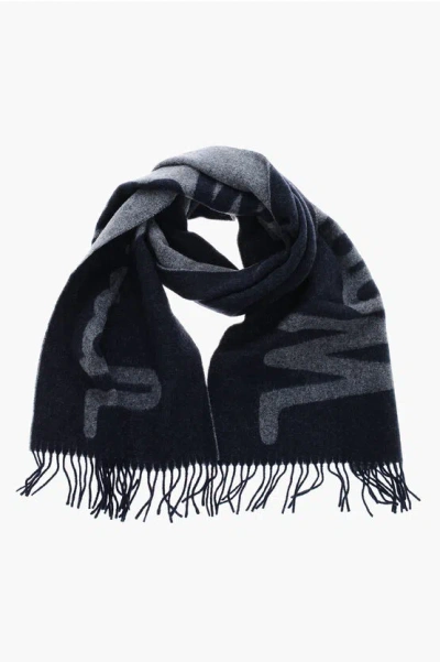 Woolrich Wool Blend Scarf With Fringed Hems And Logo In Blue