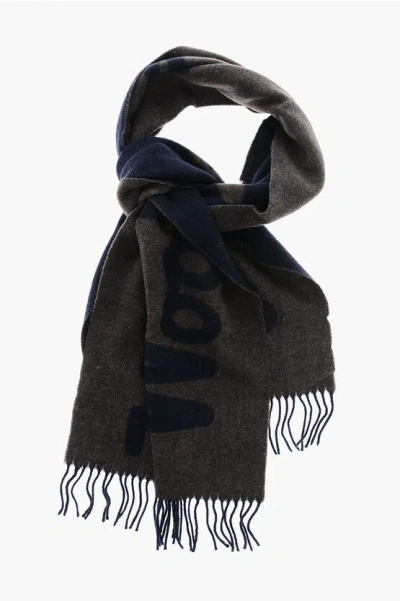 Woolrich Wool Blend Scarf With Fringed Hems And Logo In Brown
