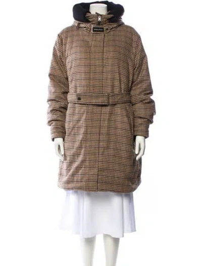 Pre-owned Woolrich Wool Houndstooth Print Coat In Brown