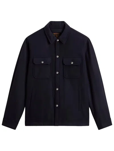 Woolrich Wool Shirt Jacket With Removable Logo Tab, Snap Pockets & Adjustable Cuffs In Blue