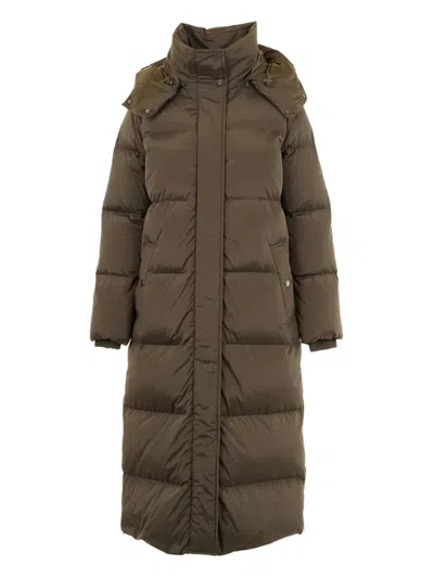 Woolrich Wool-feel Horizontal Quilted Puffer Jacket With Removable Hood And Ribbed Cuffs In Brown