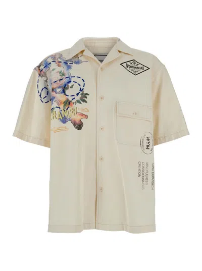 WOOYOUNGMI BEIGE BOWLING SHIRT WITH CUBAB COLLAR AND ALL-OVER PRINTS