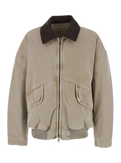 WOOYOUNGMI BEIGE JACKET WITH CONTRASTING COLLAR AND DISTRESSED EFFECT IN COTTON BLEND MAN