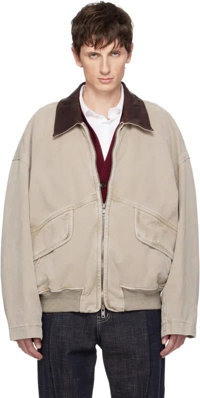 Wooyoungmi Beige Leather Collar Oxford Jacket In Brown