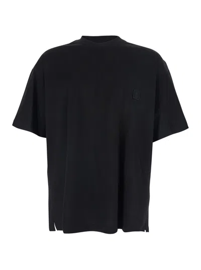 WOOYOUNGMI BLACK CREWNECK T-SHIRT WITH LOGO PATCH ON THE FRONT AND FLORAL MOTIF ON THE REAR IN COTTON MAN