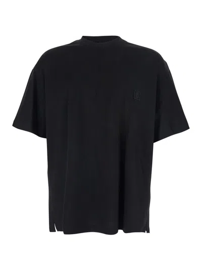 Wooyoungmi Black Crewneck T-shirt With Logo Patch On The Front And Floral Motif On The Rear In Cotton Man
