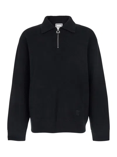 WOOYOUNGMI BLACK SWEATER WITH LOGO PATCH ON THE FRONT AND LOGO LETTERING ON THE REAR IN WOOL BLEND MAN