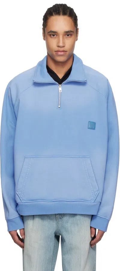 Wooyoungmi Blue Half Zip-up Dying Sweatshirt In Blue758l