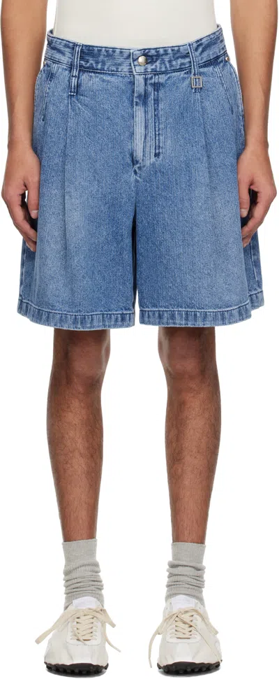 Wooyoungmi Blue One-tuck Washed Corduroy Denim Shorts In Blue995l