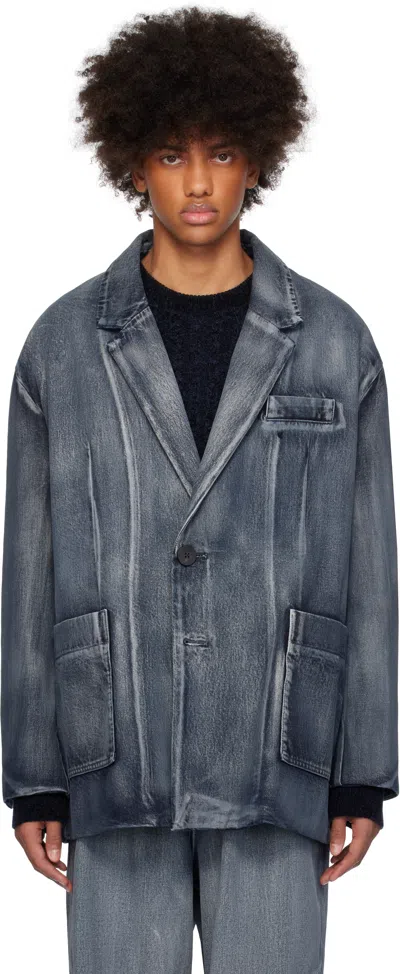 Wooyoungmi Blue Painted Single Denim Blazer In 992l Blue
