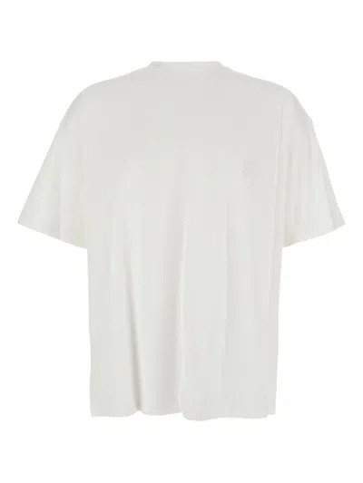 Wooyoungmi White Crewneck T-shirt With Logo Patch On The Front And Floral Motif On The Rear In Cotton Man