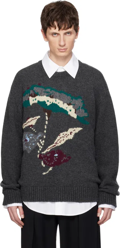 Wooyoungmi Gray Flower Jacquard Wool Sweater In Brown