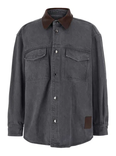 WOOYOUNGMI GREY SHIRT WITH PATCH POCKETS ON THE CHEST AND BACK PRINT IN DENIM MAN