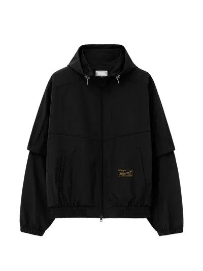 Wooyoungmi Hooded Nylon Windbreaker Jacket Elastic Trim In Black