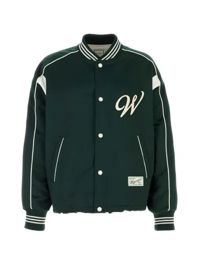 Wooyoungmi Satin Bomber Jacket Contrast Piping Pockets In Green