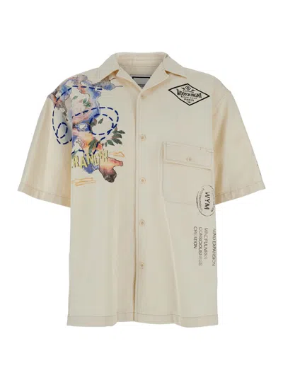 Wooyoungmi Beige Bowling Shirt With Cubab Collar And All-over Prints In Cotton Man