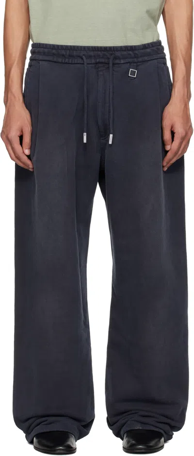 Wooyoungmi Navy One-tuck Dyed Cotton Sweatpants In Blue