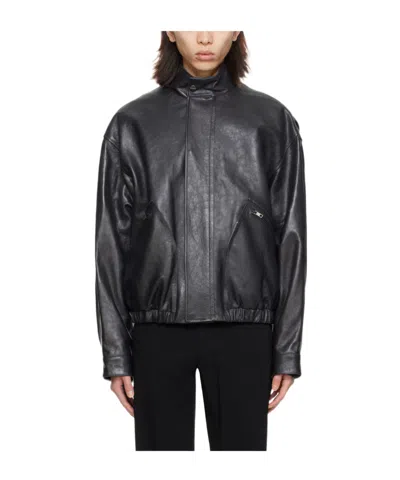 Wooyoungmi Standing Collar Leather Jacket In Black