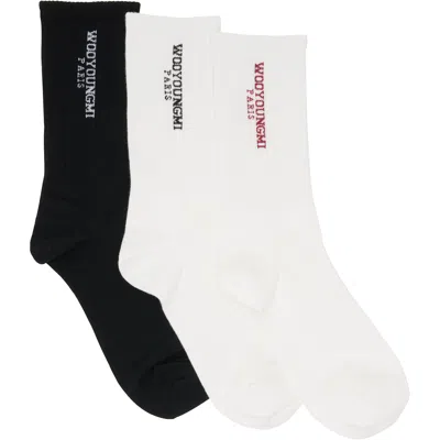 Wooyoungmi Three-pack Black & White Logo Socks In Multi