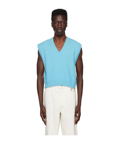 Wooyoungmi V-neck Knitted Detail Vest In Blue 520l