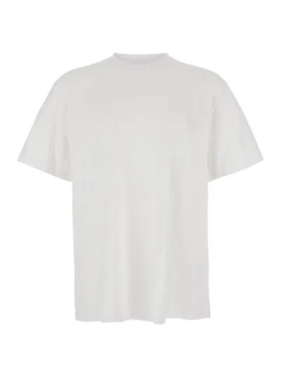 WOOYOUNGMI WHITE CREWNECK T-SHIRT WITH LOGO PATCH ON THE FRONT AND FLORAL MOTIF ON THE REAR IN COTTON MAN