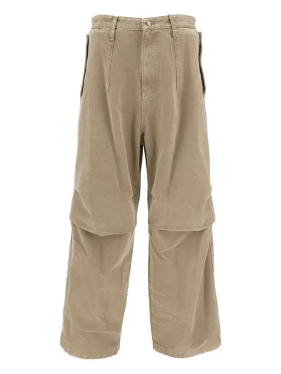 Wooyoungmi Cotton Wide-leg Trousers With Adjustable Double Buckle Waistband In Brown