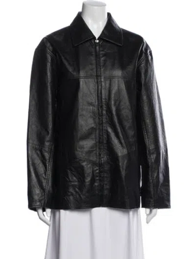 Pre-owned Worn Leather Biker Jacket In Black