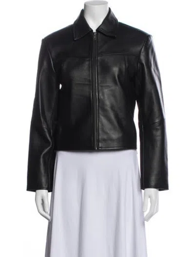 Pre-owned Worn Leather Biker Jacket In Black