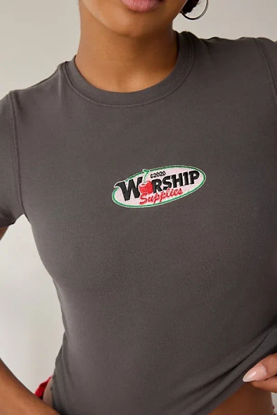 Worship Supplies Glazed And Confused Cherry Graphic Baby Tee In Washed Black, Women's At Urban Outfitters In Gray
